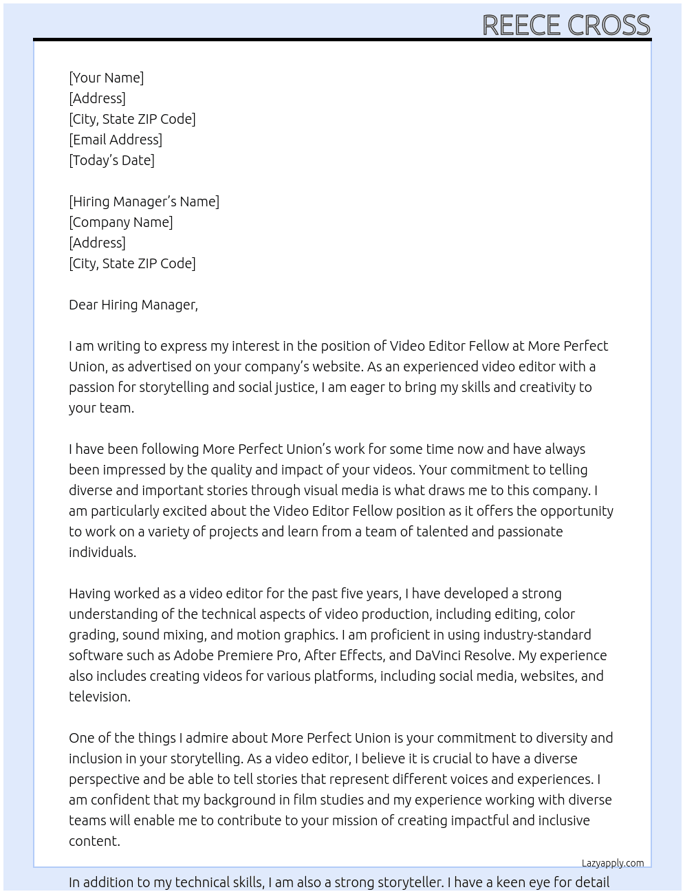 Video Editor Fellow At More Perfect Union Cover Letter