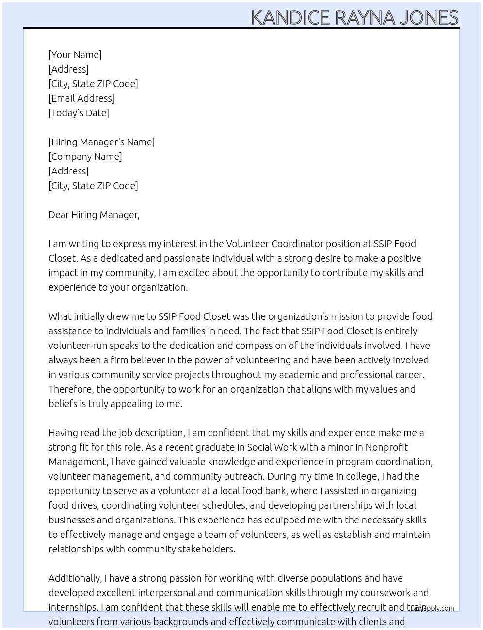 Volunteer Coordinator   At SSIP Food Closet  Cover Letter