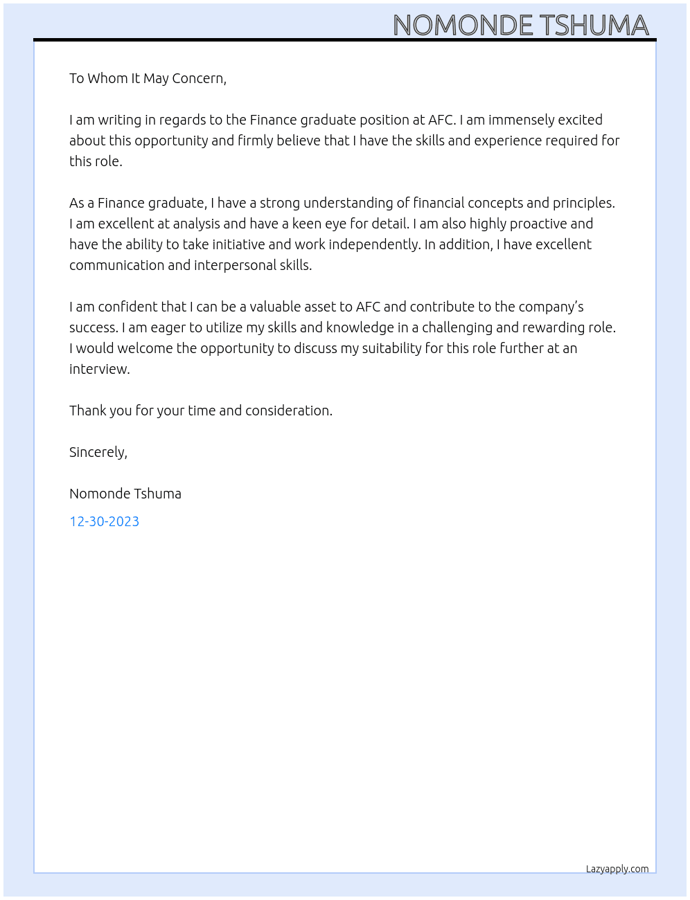 Finance graduate  At AFC Cover Letter