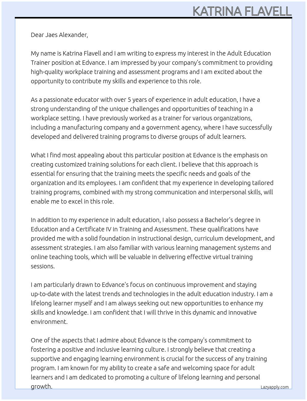 Adult Education Trainer At Edvance Cover Letter
