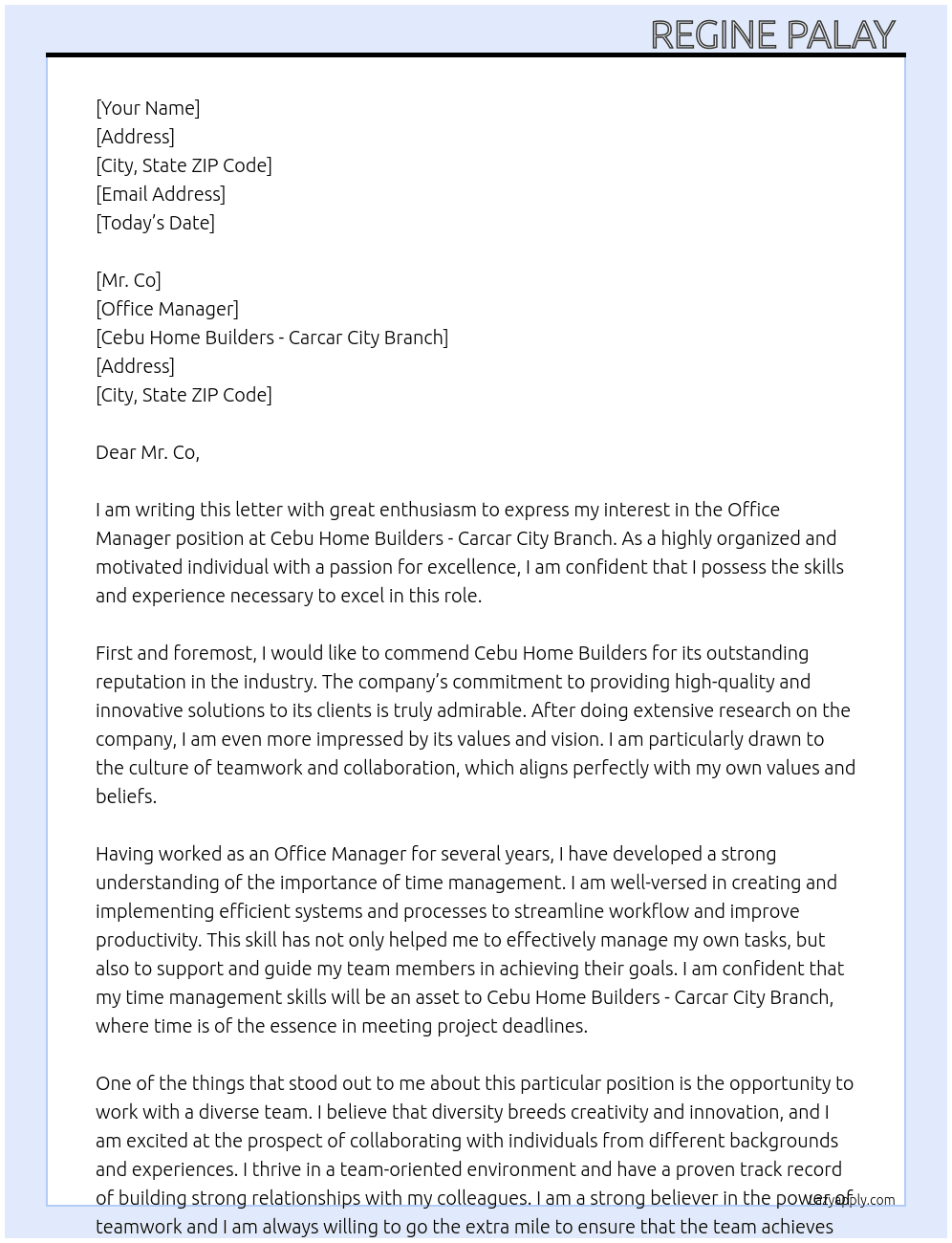 Office Manager At Cebu Home Builders - Carcar City Branch Cover Letter