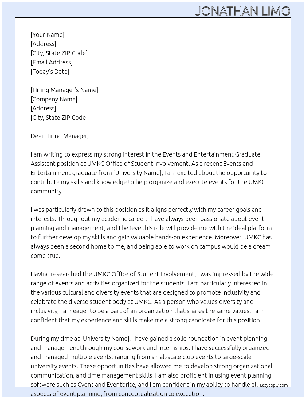 Events and Entertainment Graduate Assistant At UMKC Office of Student Involvement Cover Letter