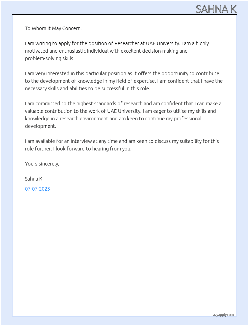 Researcher At UAE university Cover Letter