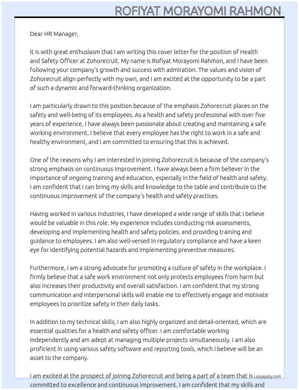 Health and safety officer  At Zohorecruit Cover Letter