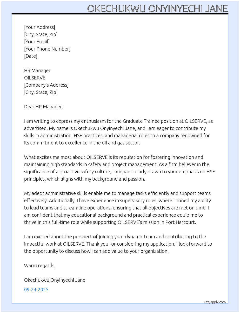 Graduate Trainee At OILSERVE Cover Letter