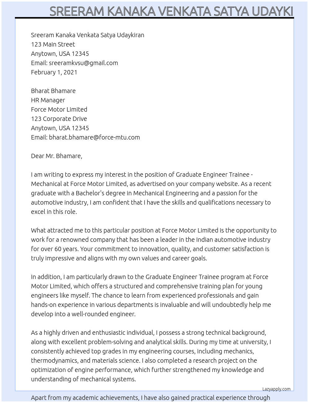 Graduate Engineer Trainee - Mechanical At Force Motor Limited Cover Letter