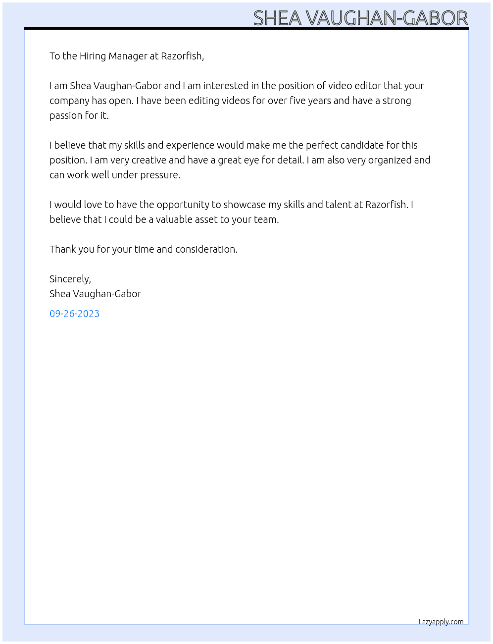 Video Editor At Razorfish Cover Letter