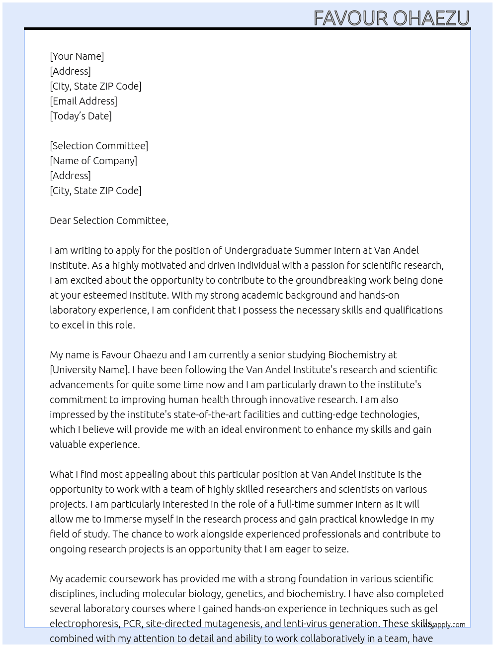 Cover letter for undergraduate summer intern - LazyApply