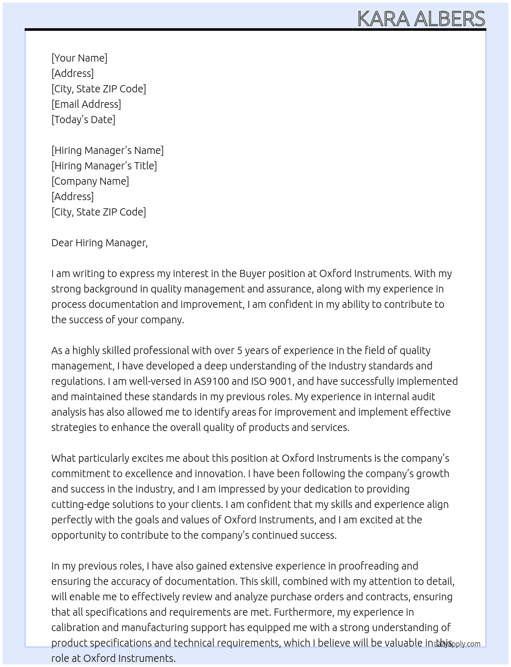 Buyer At Oxford Instruments  Cover Letter