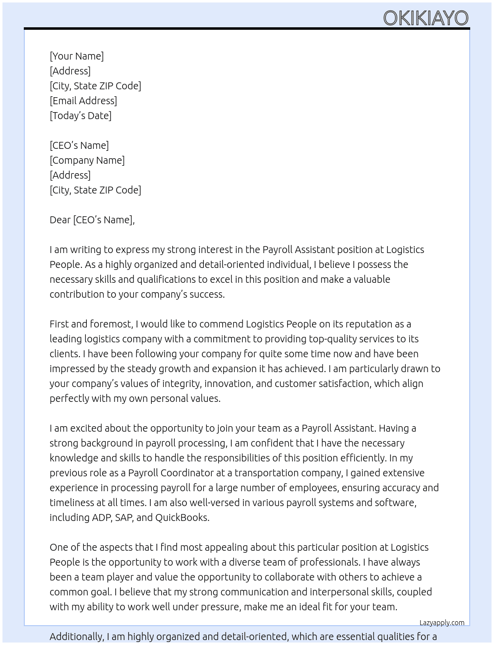 Payroll assistant  At Logistics people Cover Letter