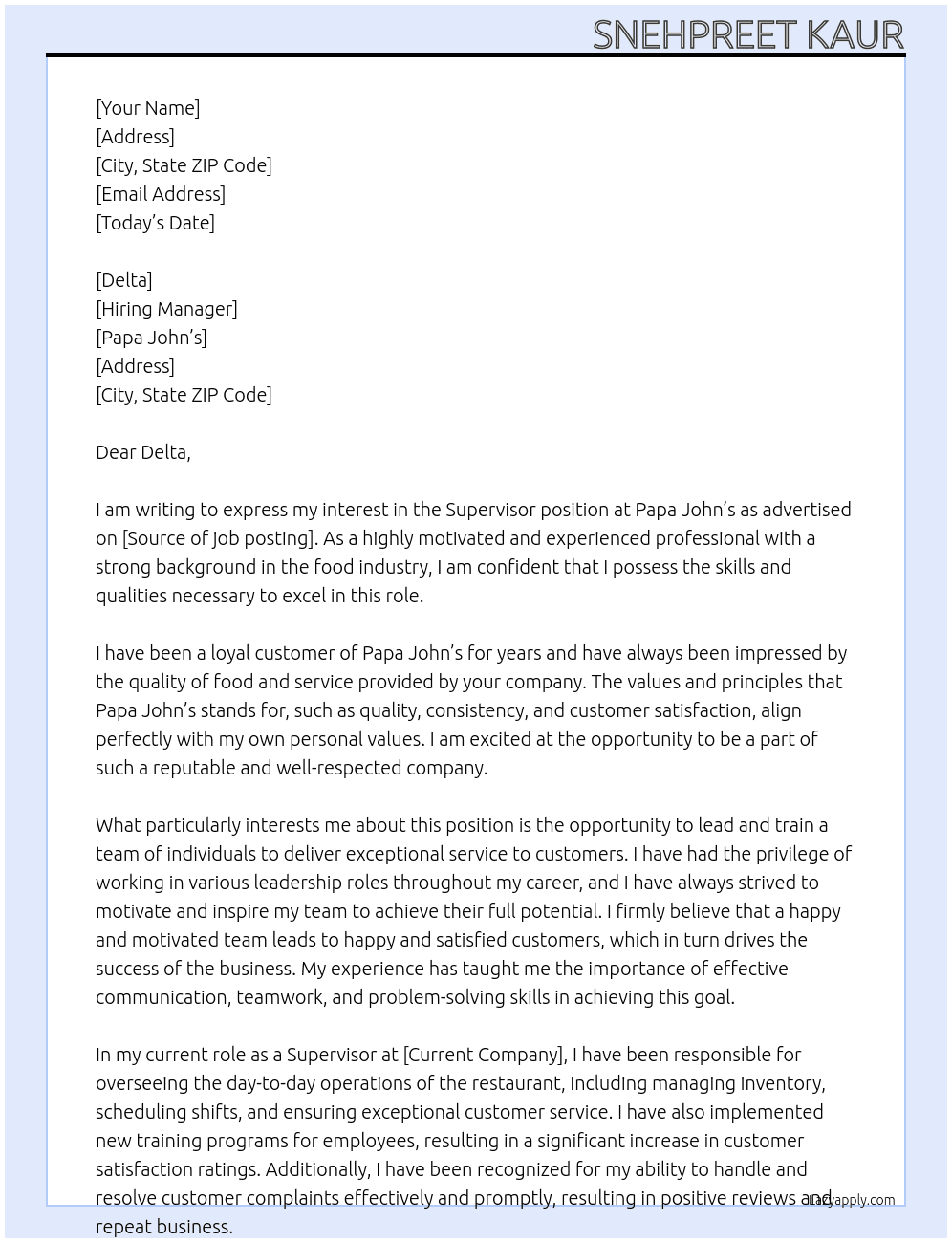 Supervisor  At Papa johns Cover Letter