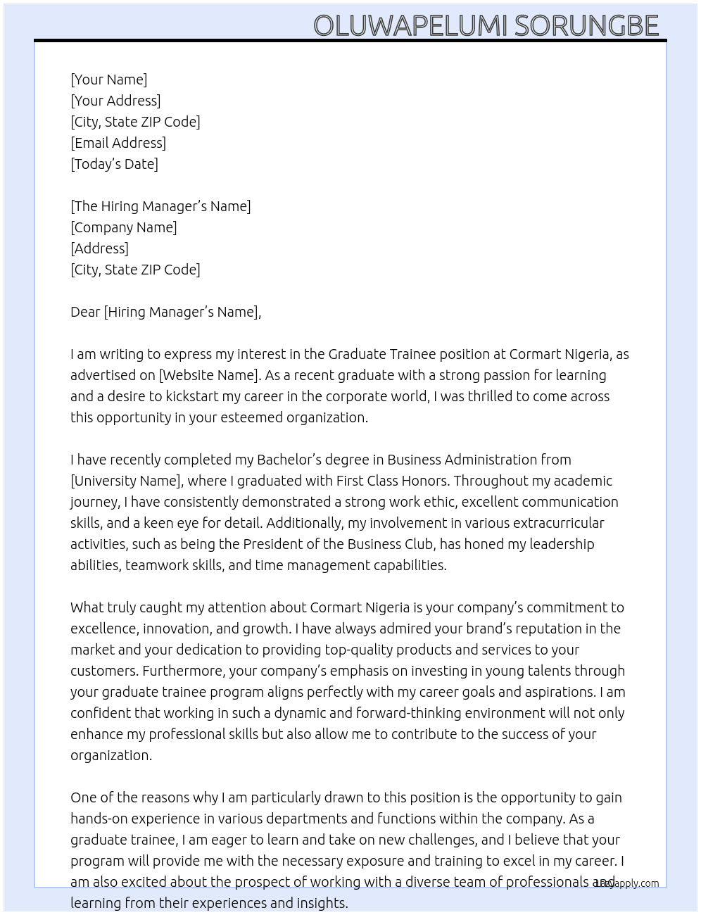 Graduate trainee  At Cormart Nigeria  Cover Letter