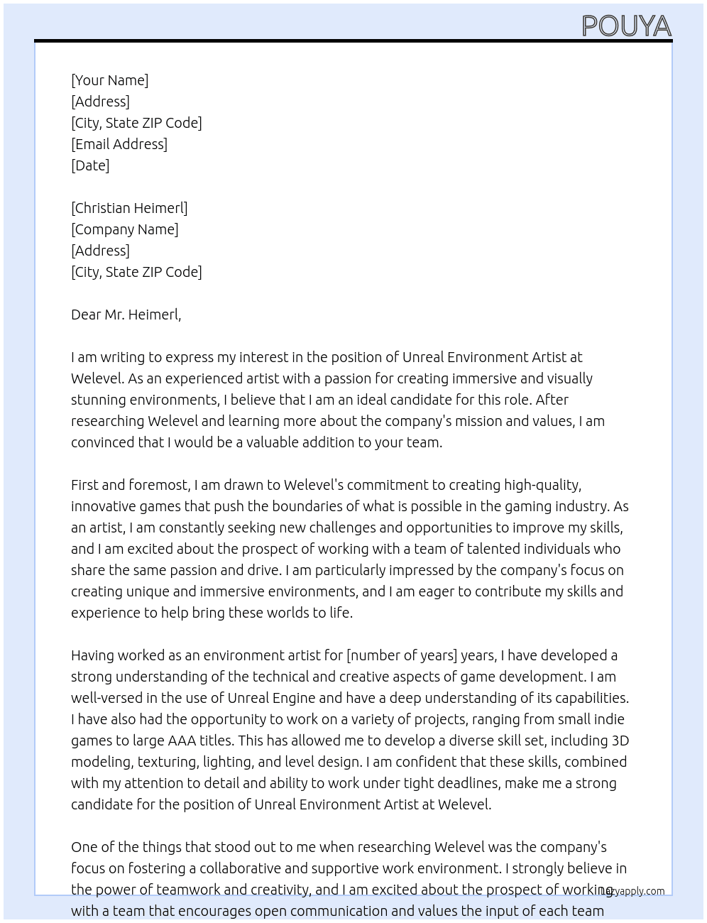 Unreal environment Artist  At Welevel Cover Letter