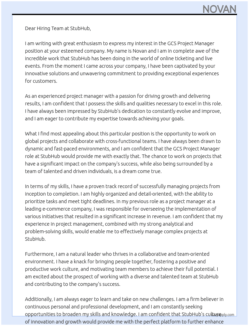 GCS Project Manager At StubHub Cover Letter