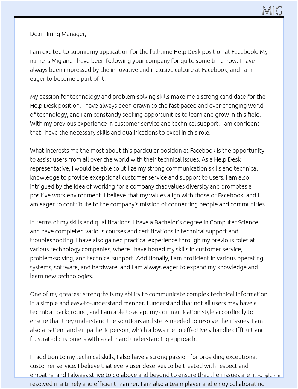 Help Desk At facebook Cover Letter