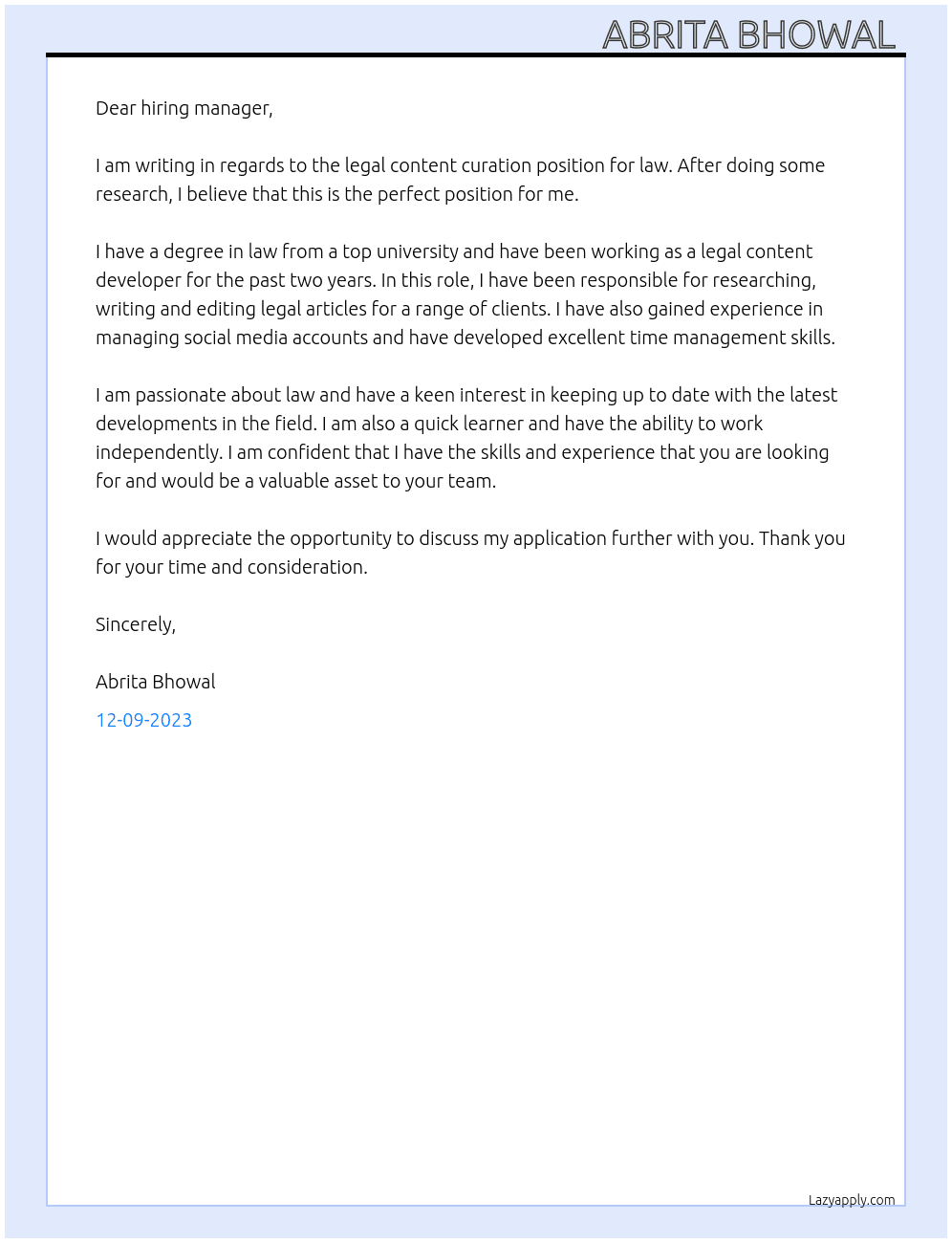 Legal content curation for law At Legal content developer  Cover Letter