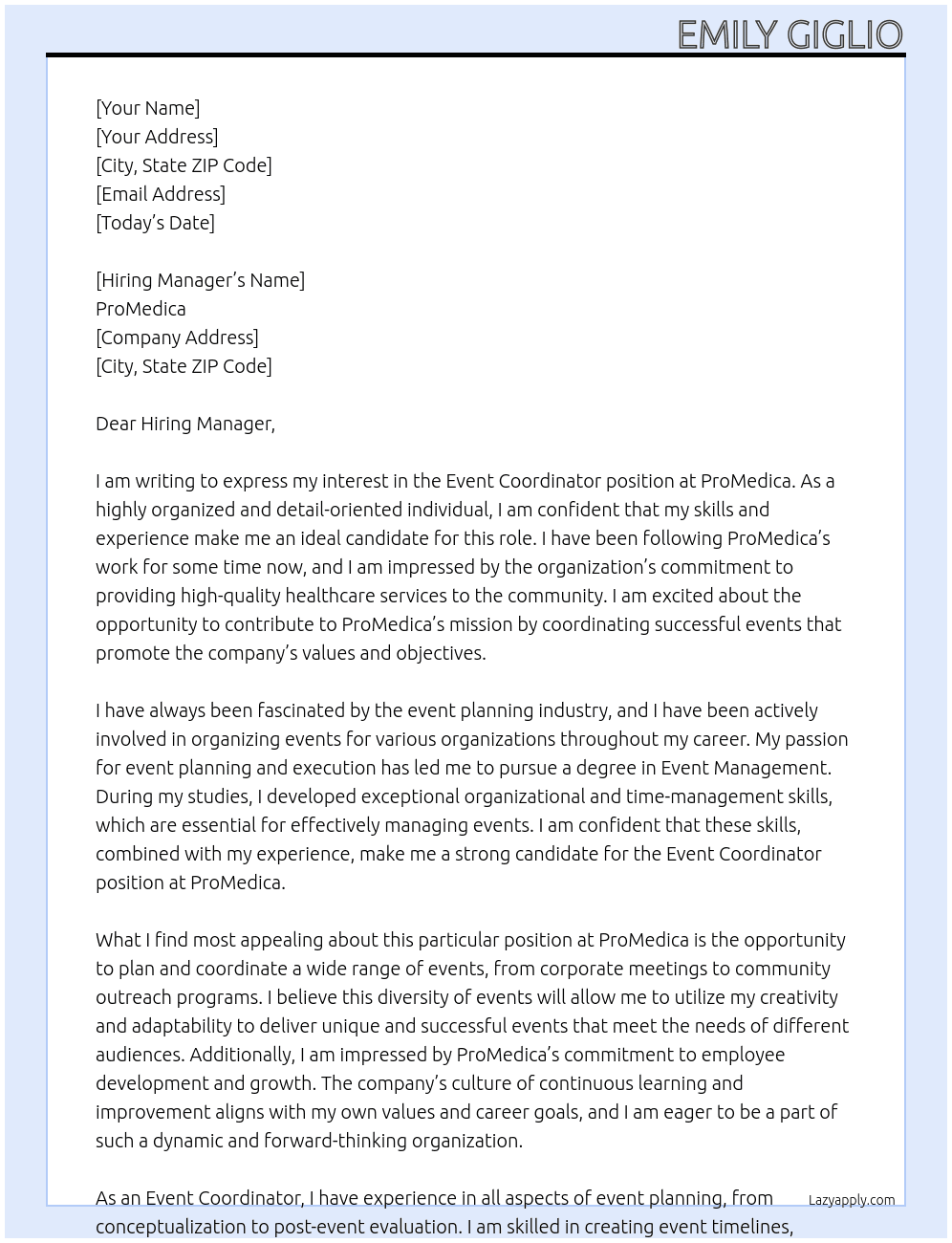 Event Coordinator At ProMedica Cover Letter