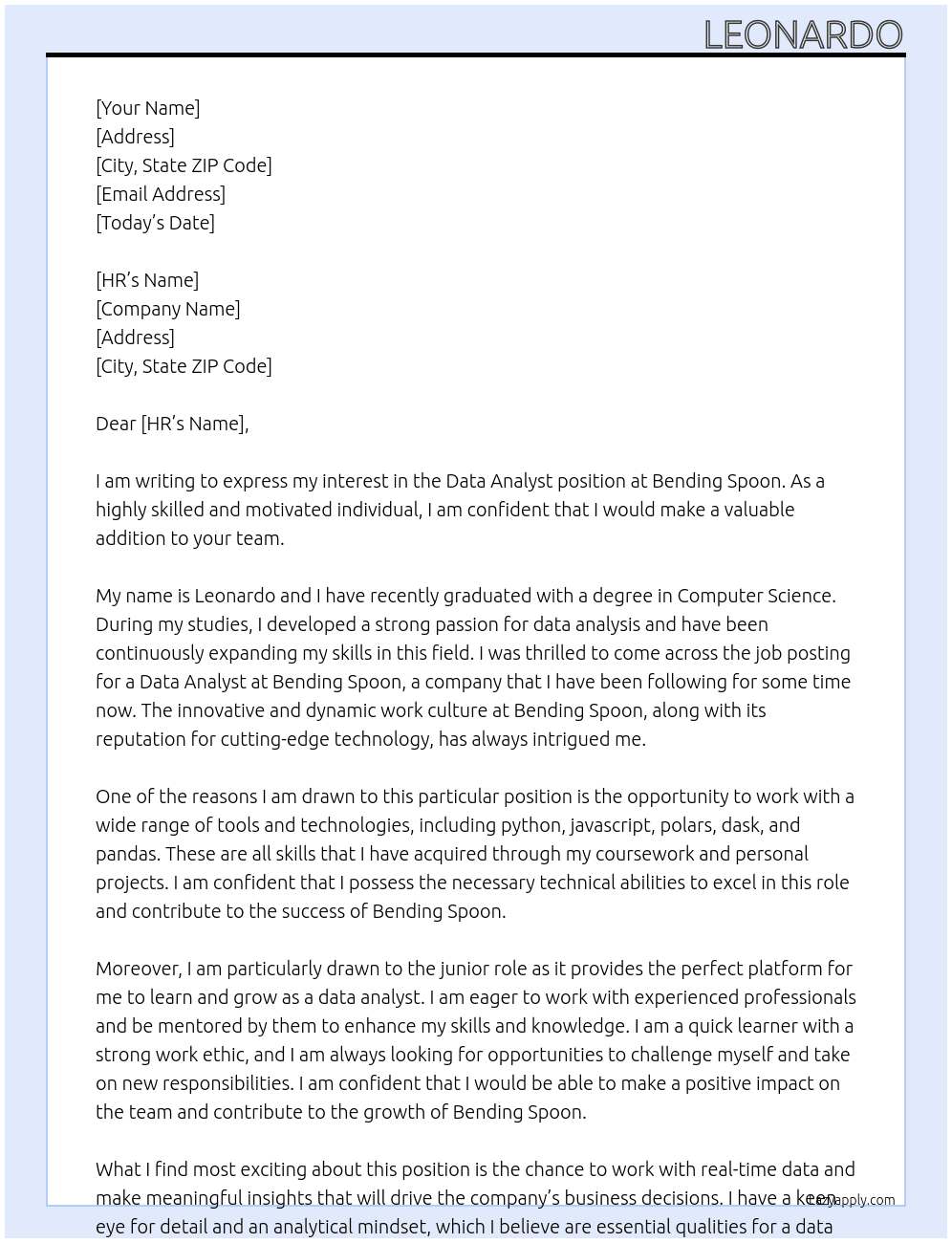Data Analyst At Bending Spoon Cover Letter