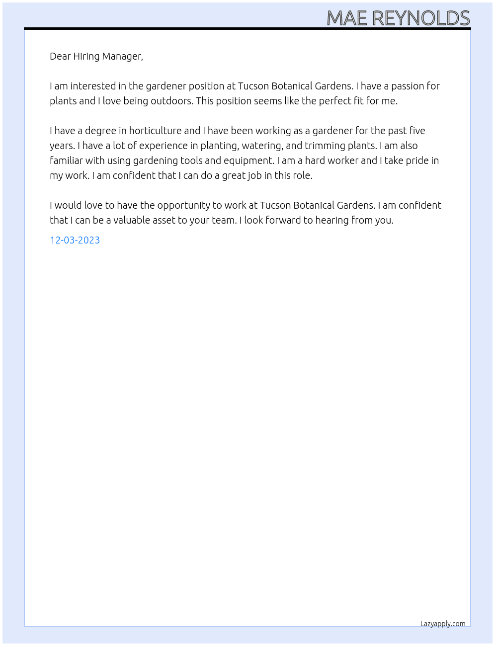 Gardener At Tucson Botanical Gardens Cover Letter