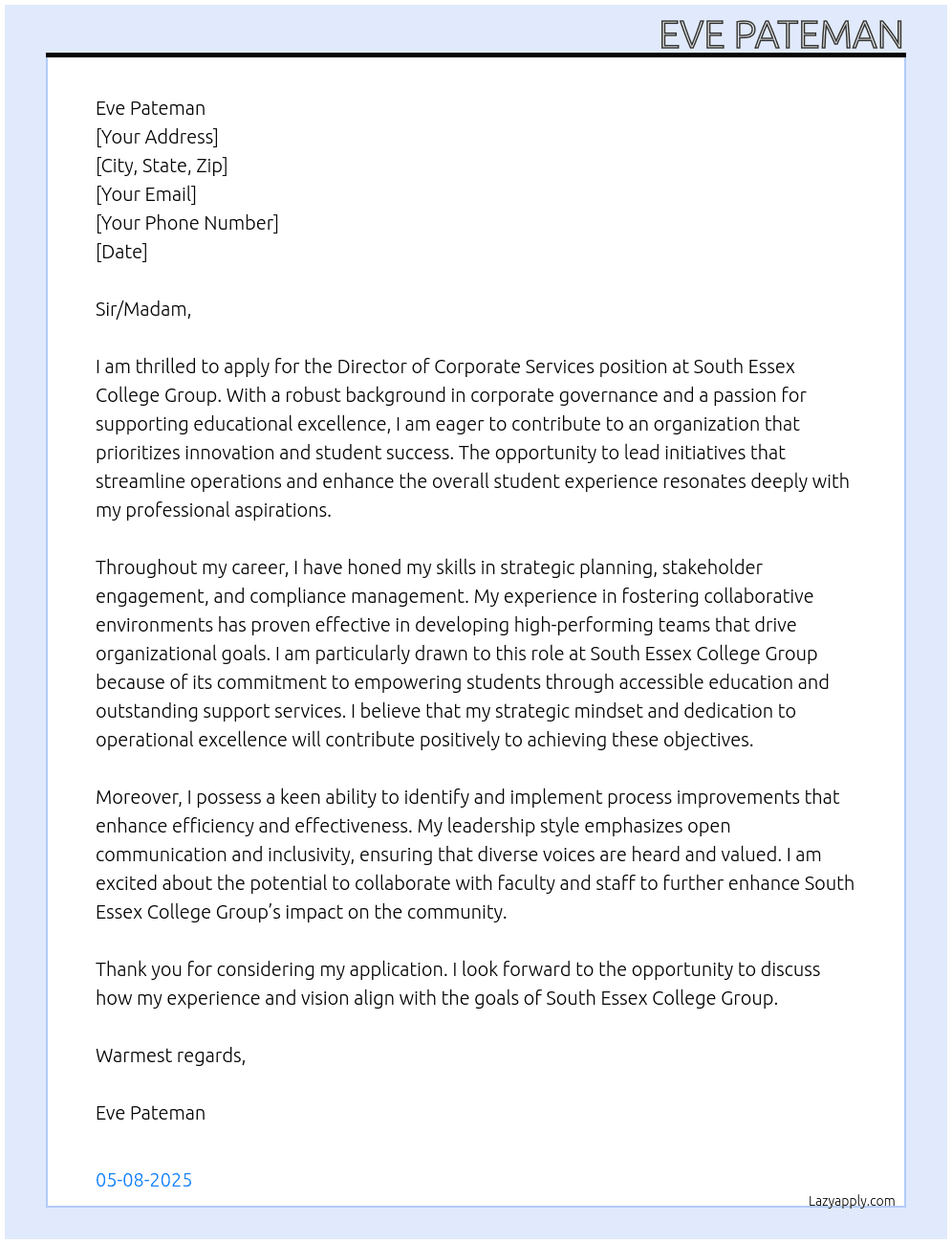 Cover letter for director of corporate services - LazyApply