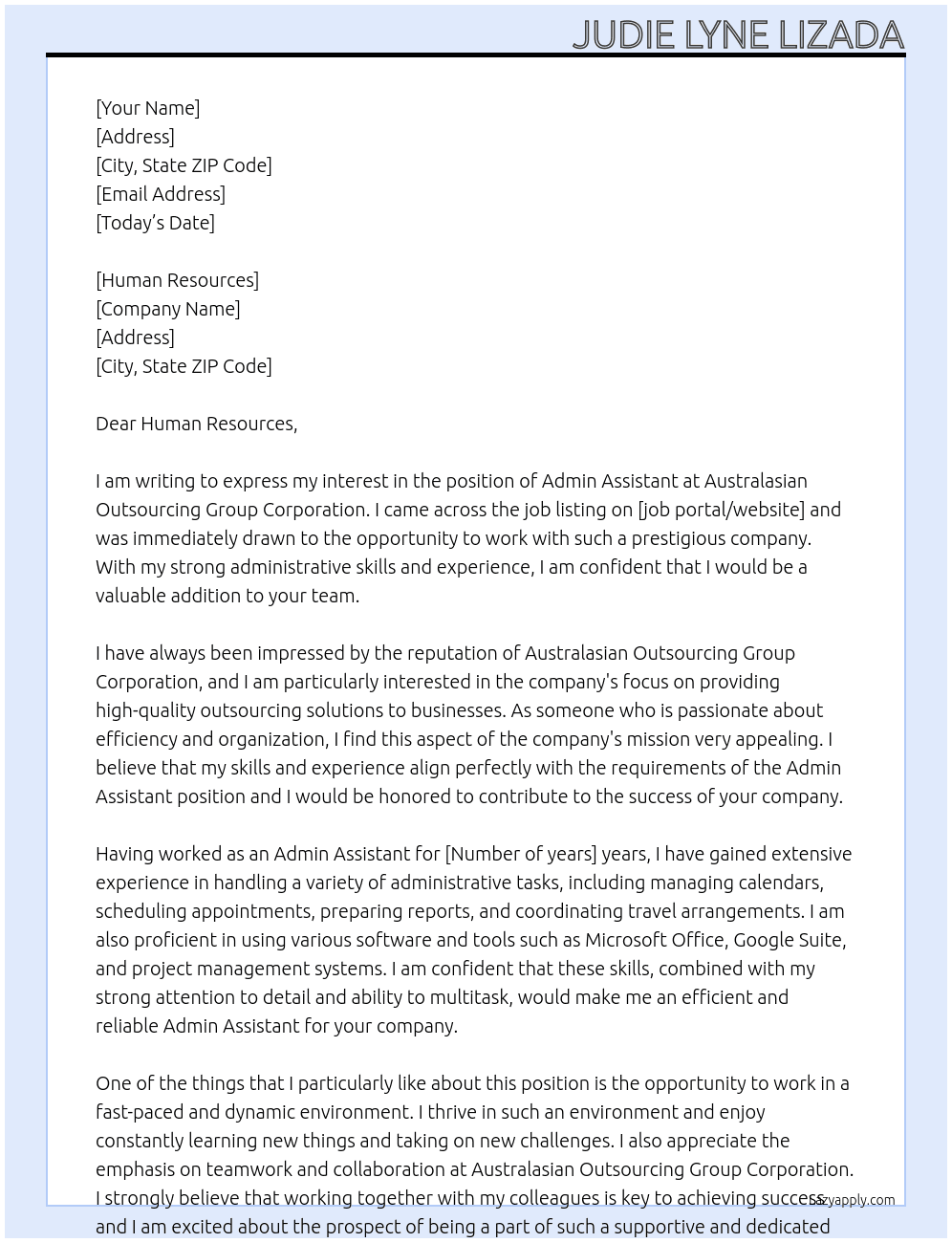 Admin Asssistant At Australasian Outsourcing Group Corporation Cover Letter
