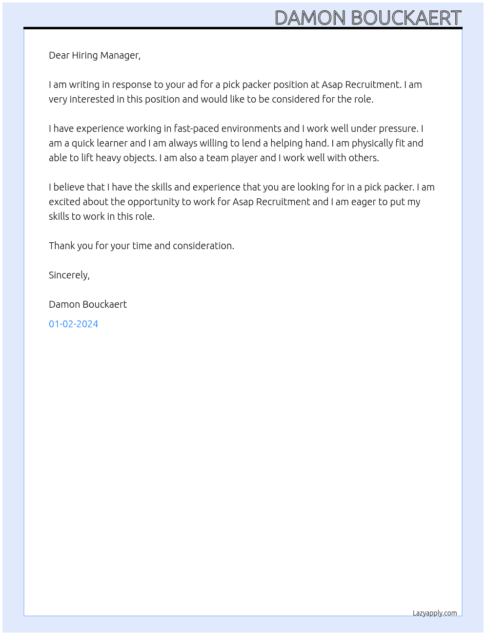 Pick Packer  At Asap Recruitment Cover Letter