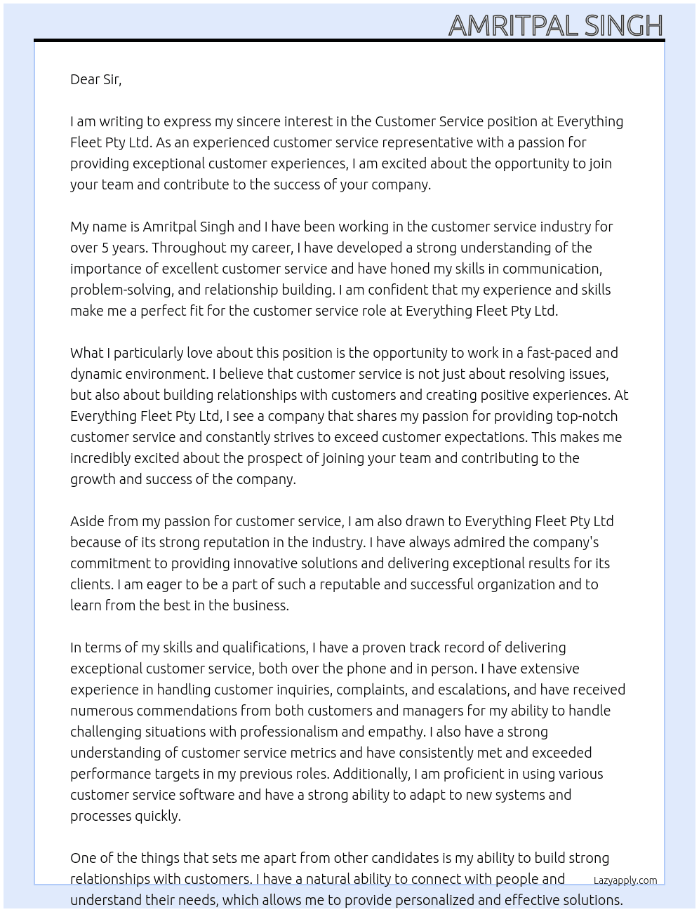Customer service  At Everything fleet pty ltd Cover Letter
