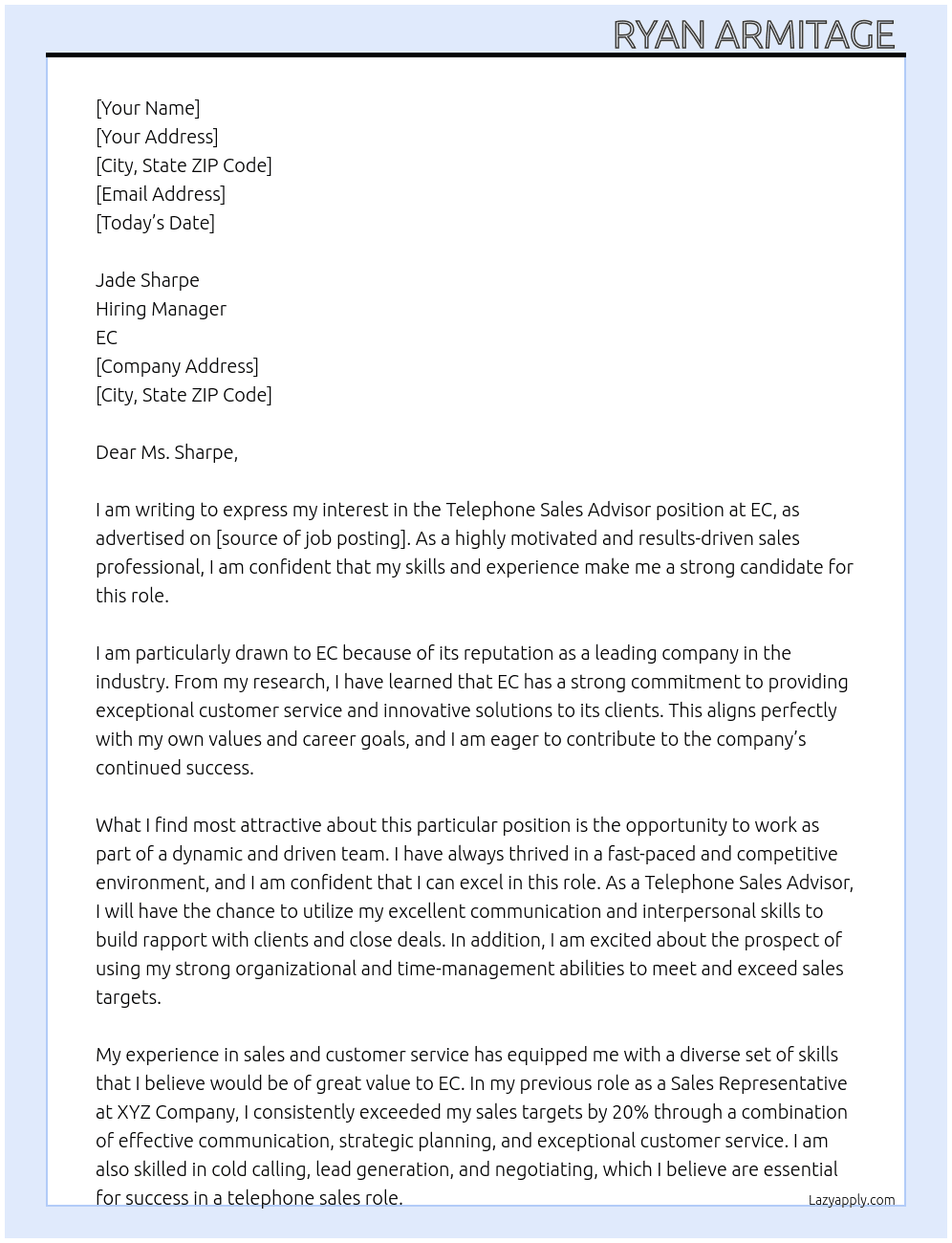 Telephone Sales advisor At EC Cover Letter