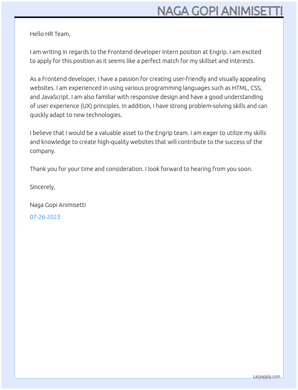 Frontend developer Intern At Engrip Cover Letter