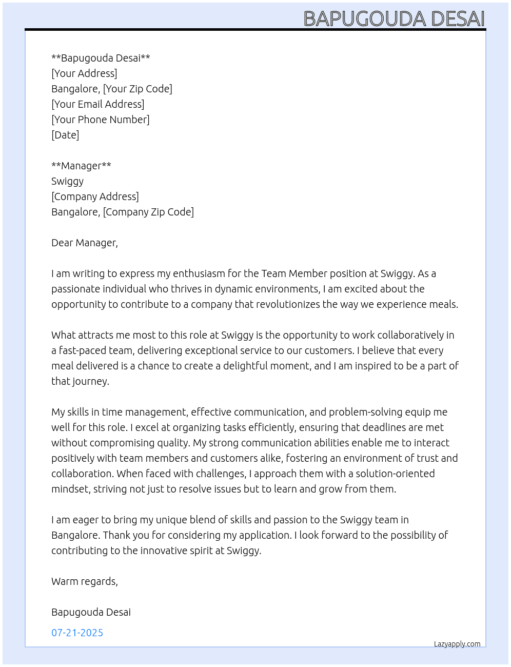 Team member  At Swiggy  Cover Letter
