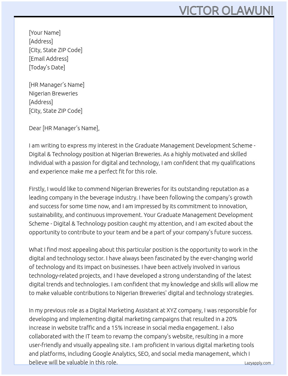 Graduate Management Development Scheme - Digital & Technology At Nigerian Breweries Cover Letter