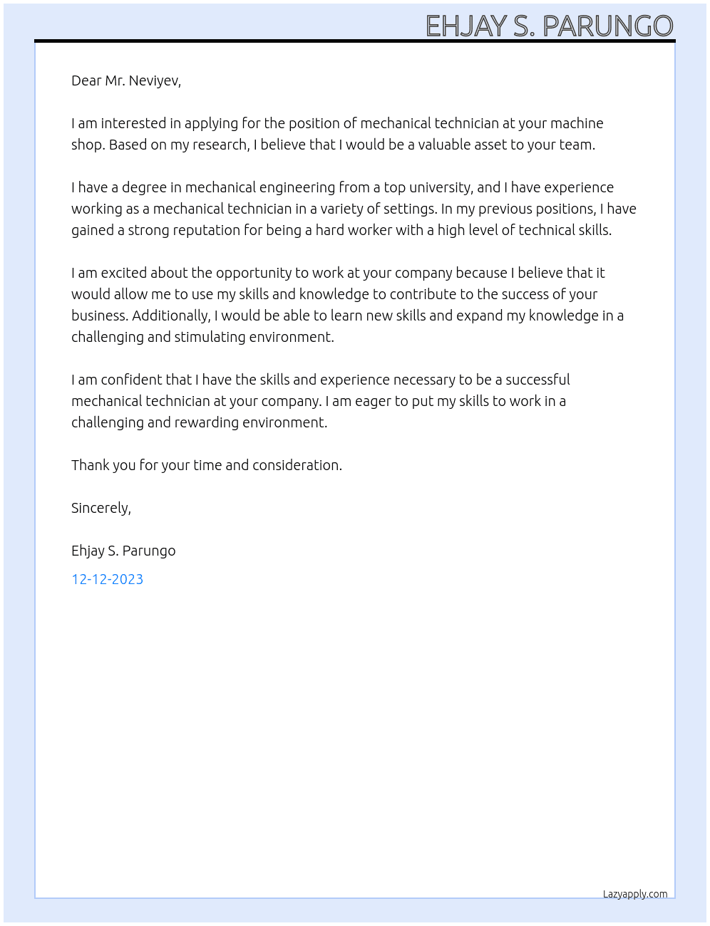 mechanical technician At Mekan Neviyev machine shop Cover Letter