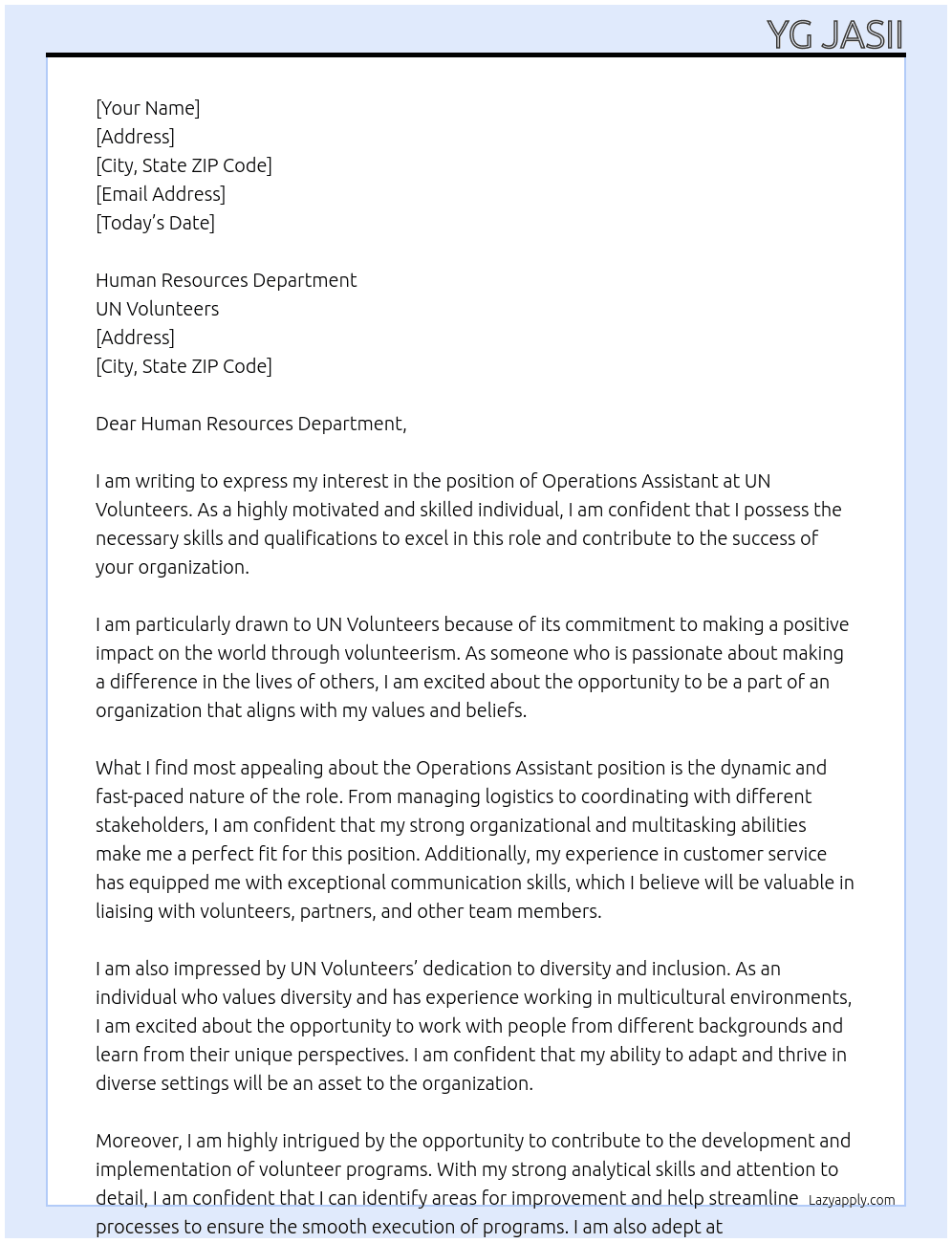 Operations Assistant At UN Volunteers Cover Letter