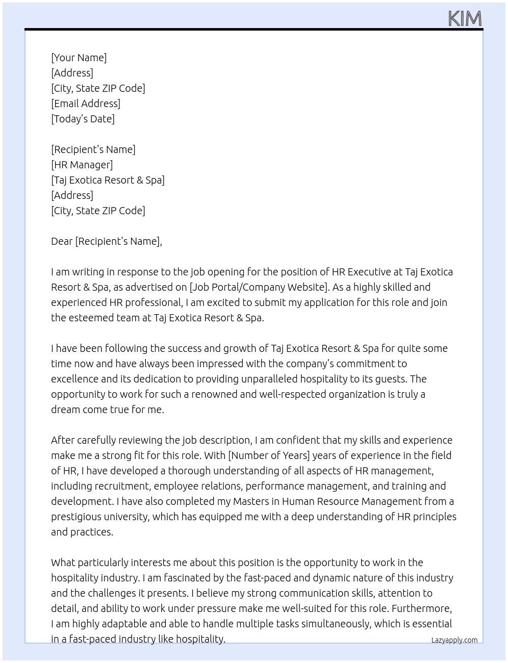 HR EXECUTIVE  At Taj EXOTICA RESORTT  & spa Cover Letter