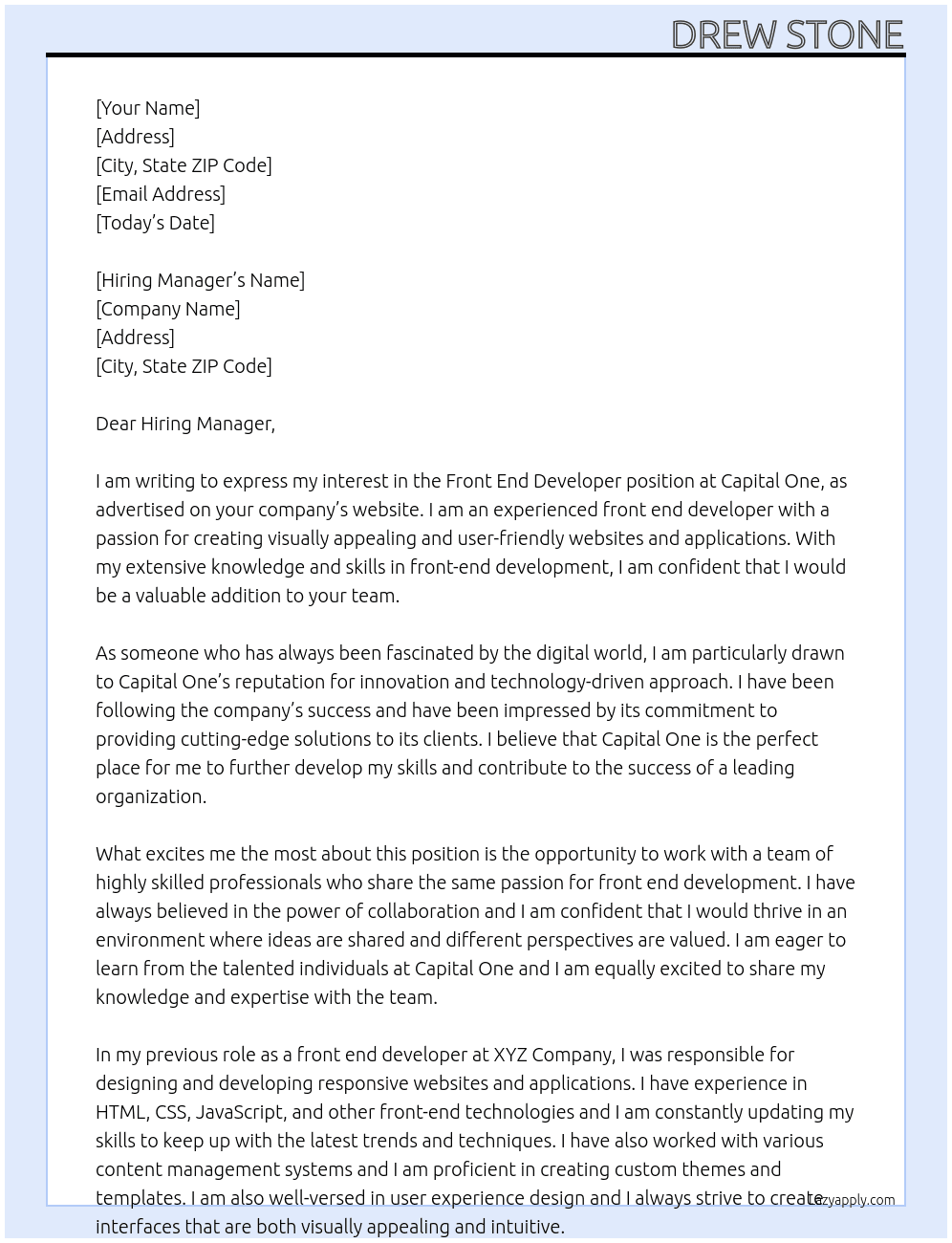 Front End Developer At Captial One Cover Letter