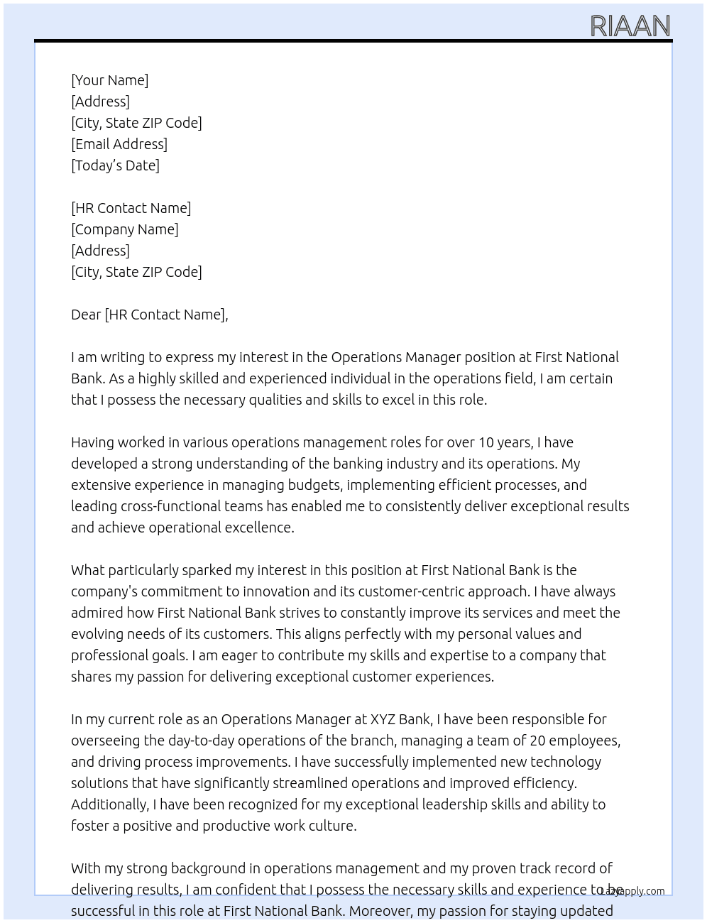 operations manager At first national bank Cover Letter