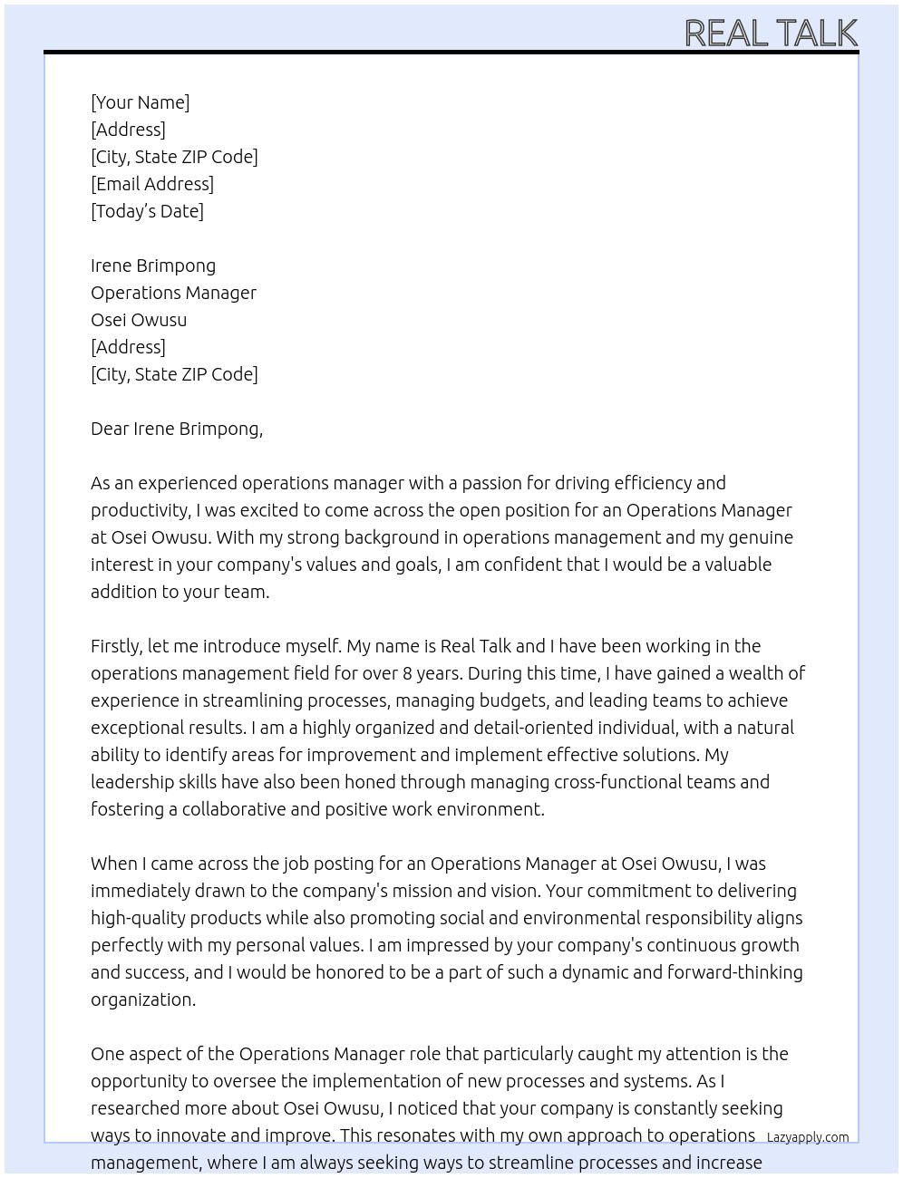 operations manager At Osei Owusu Cover Letter