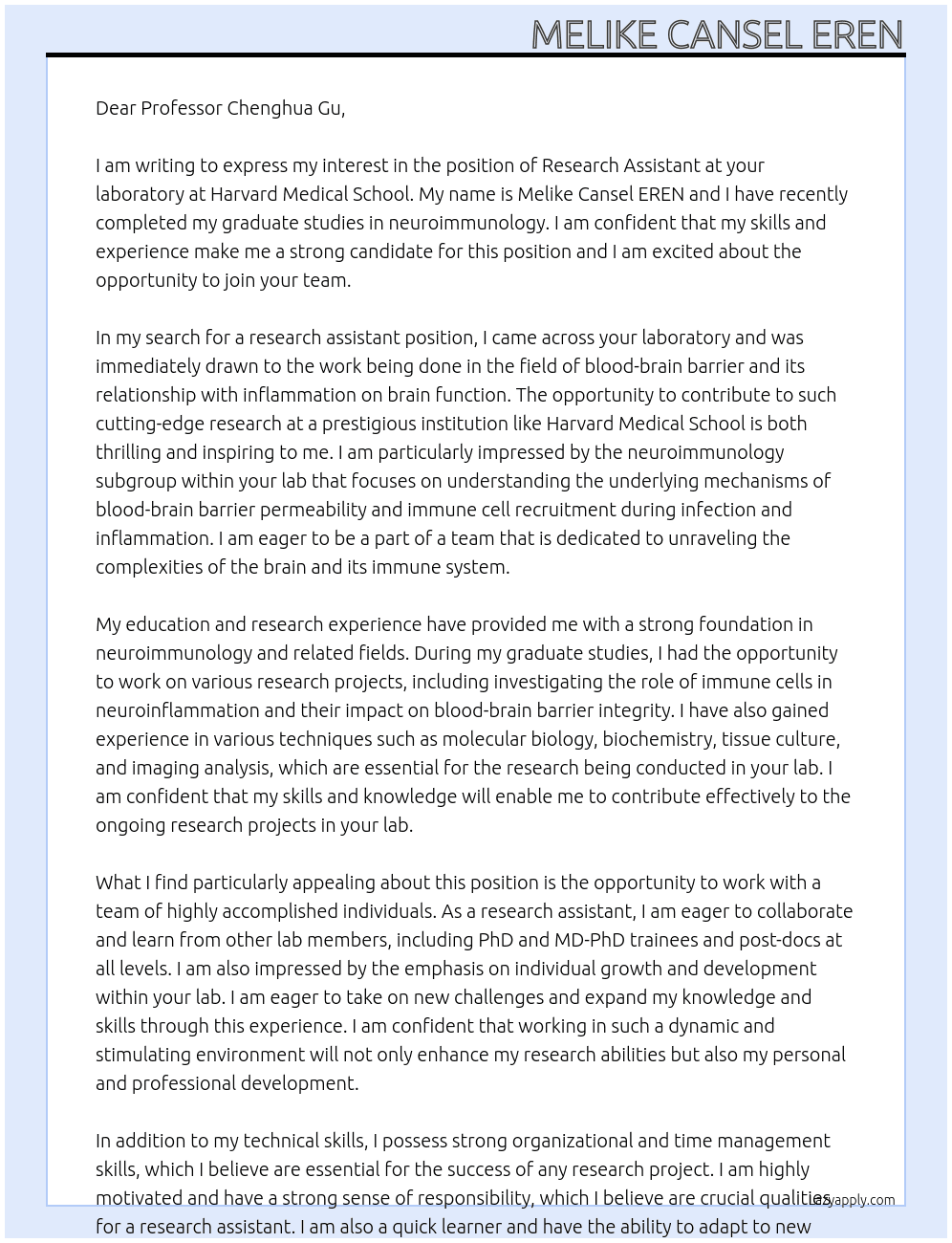 Research Assistant At Chenghua Gu’s laboratory at Harvard Medical School Cover Letter