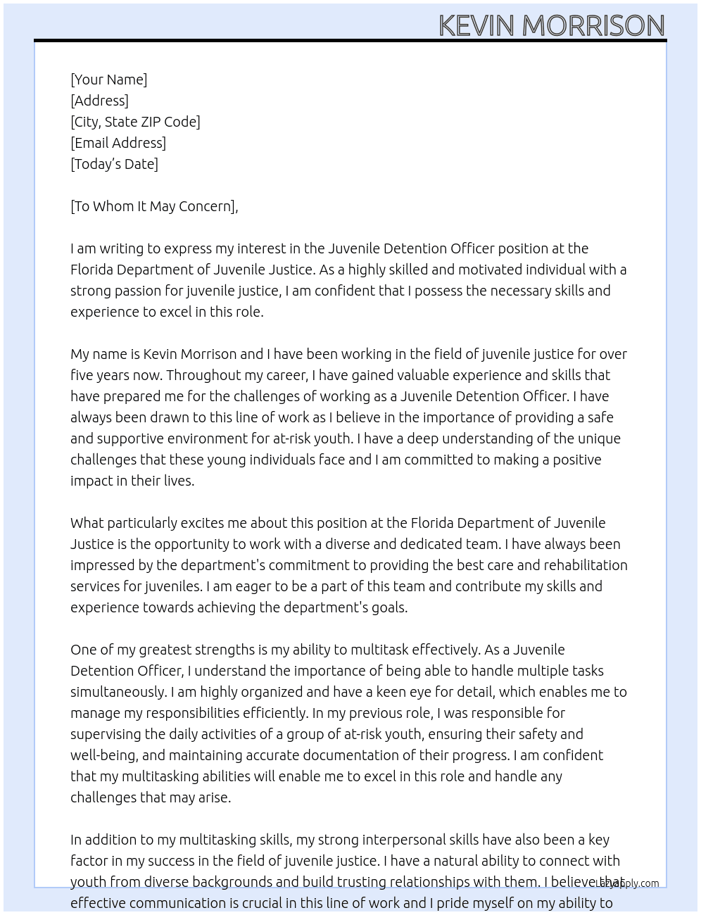 Juvenile Detention Officer  At Florida Department of Juvenile Justice  Cover Letter