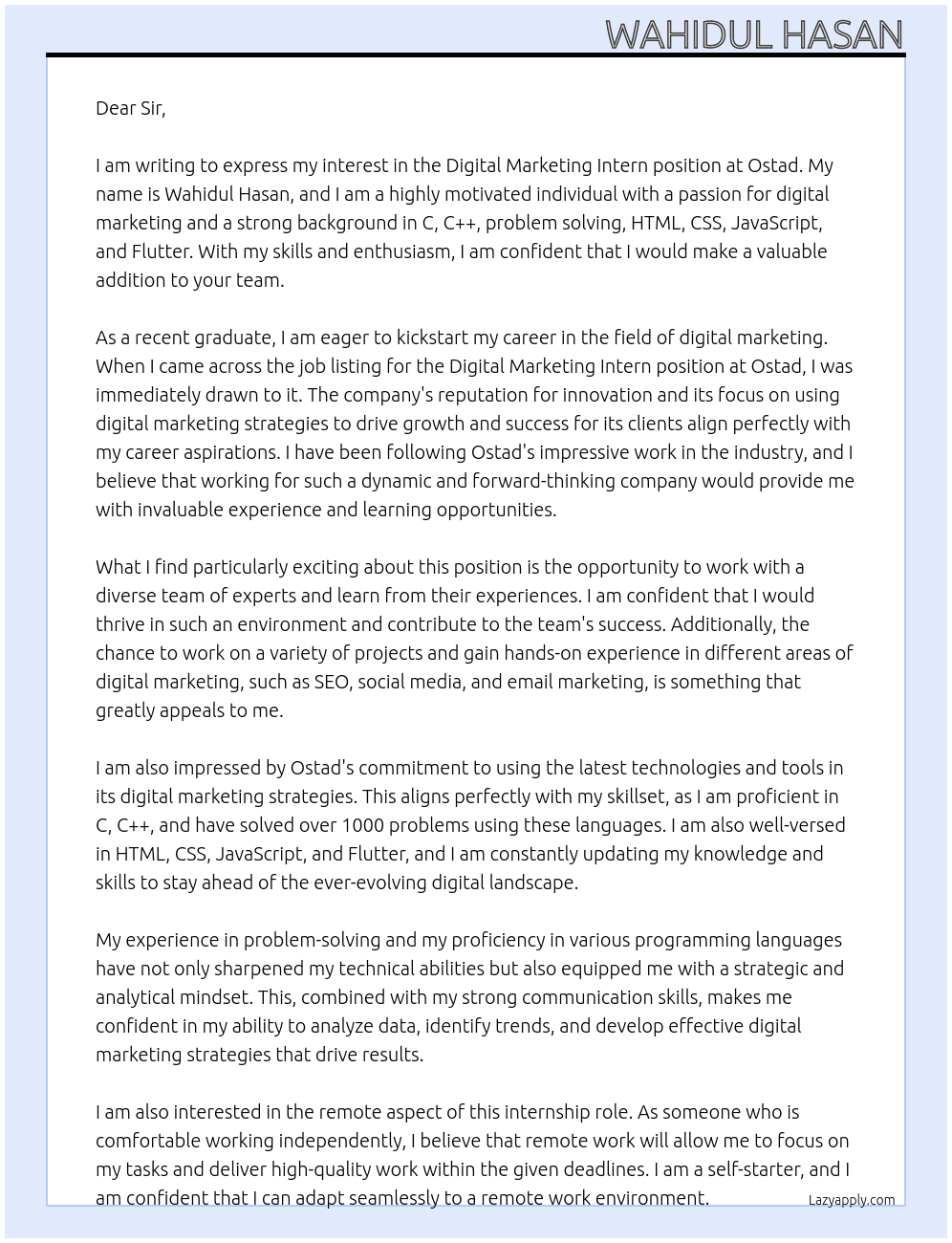 Digital marketing intern At Ostad (Digital marketing) Cover Letter