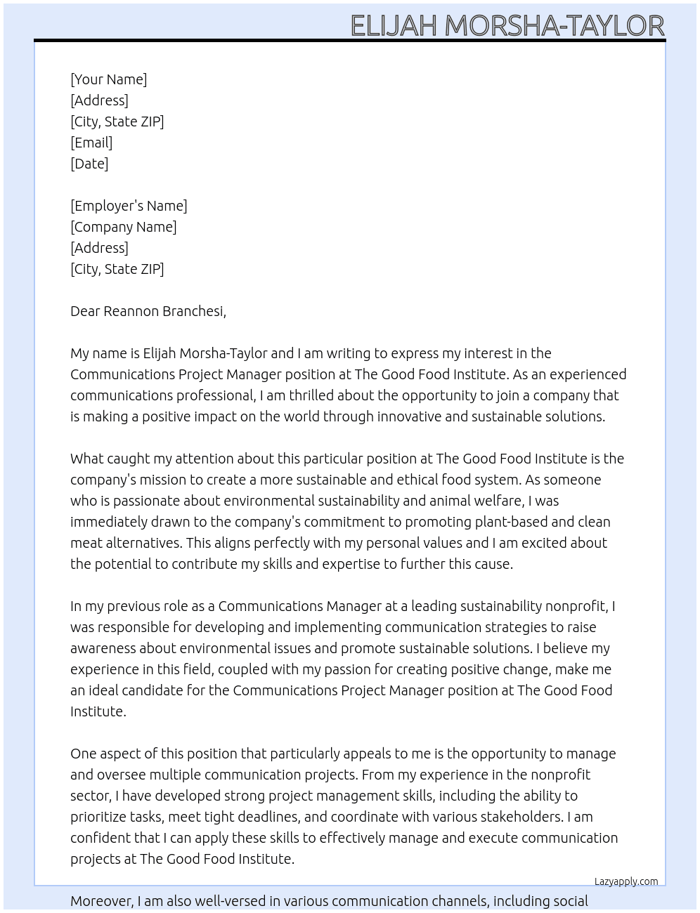 Communications Project Manager At The Good Food Institute Cover Letter