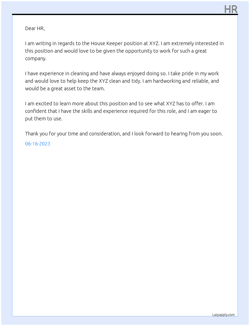 House Keeper At XYZ Cover Letter