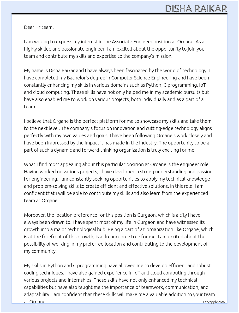 Associate Engineer At Organe Cover Letter
