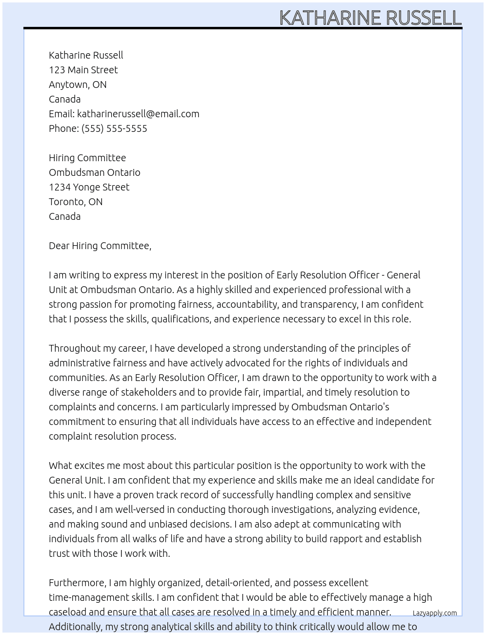 Early Resolution Officer - General Unit At Ombudsman Ontario Cover Letter