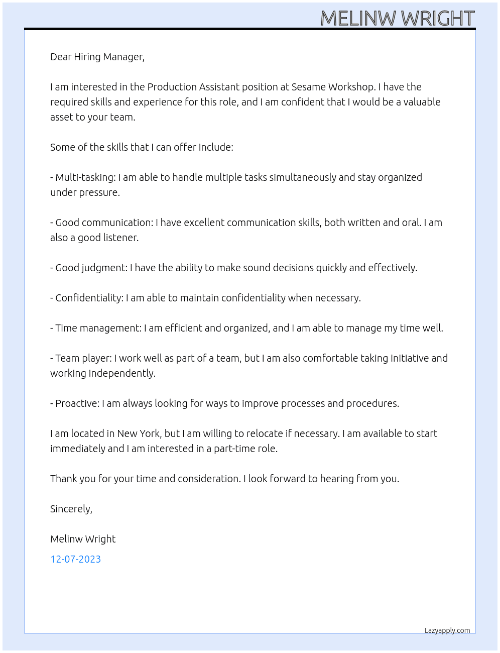 Production Assistant At Sesame Workshop Cover Letter