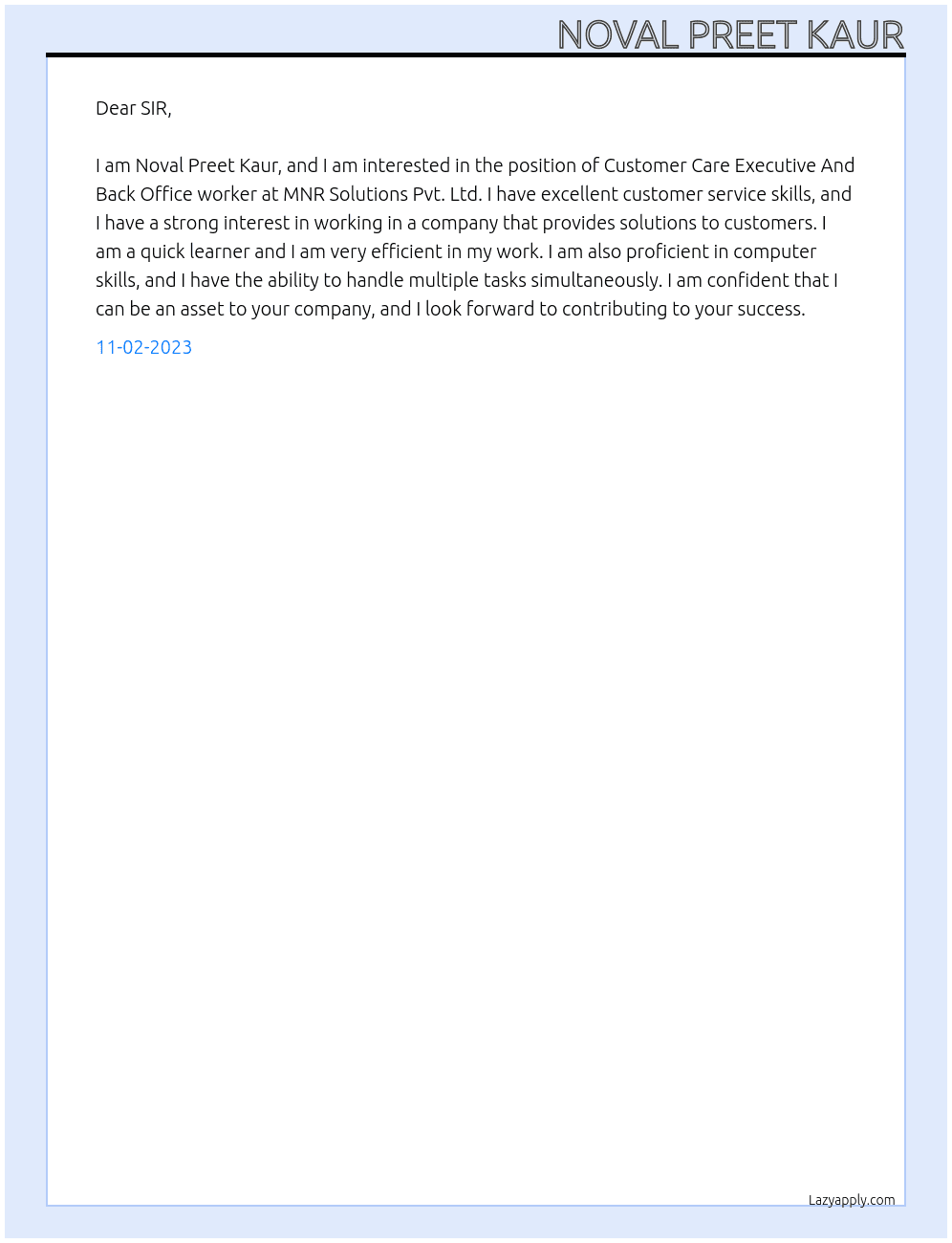  Customer Care Executive And back Offive worker  At MNR Solutions Pvt. Ltd. Cover Letter