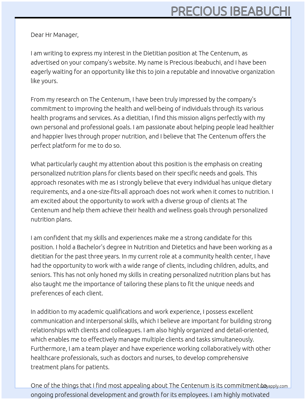 Dietitian  At The Centenum Cover Letter