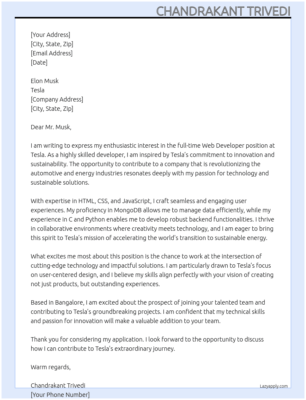 Web developer At Tesla Cover Letter