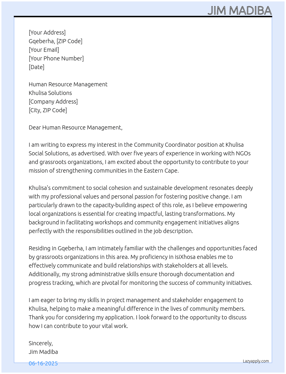 Community Coordinator At Khulisa Solution Cover Letter
