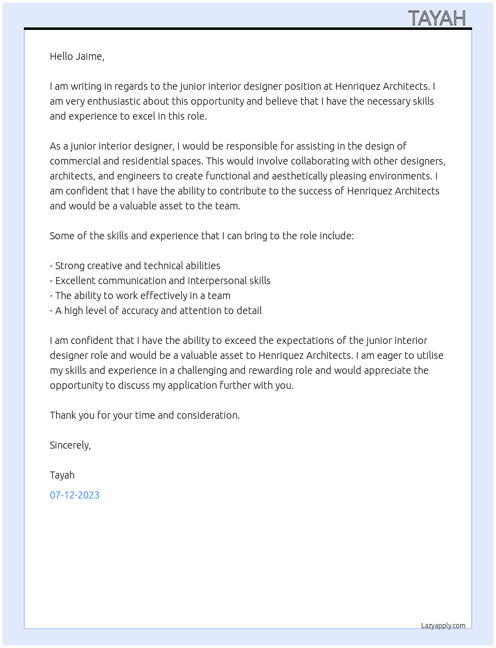 junior interior designer At Henriquez Architects Cover Letter
